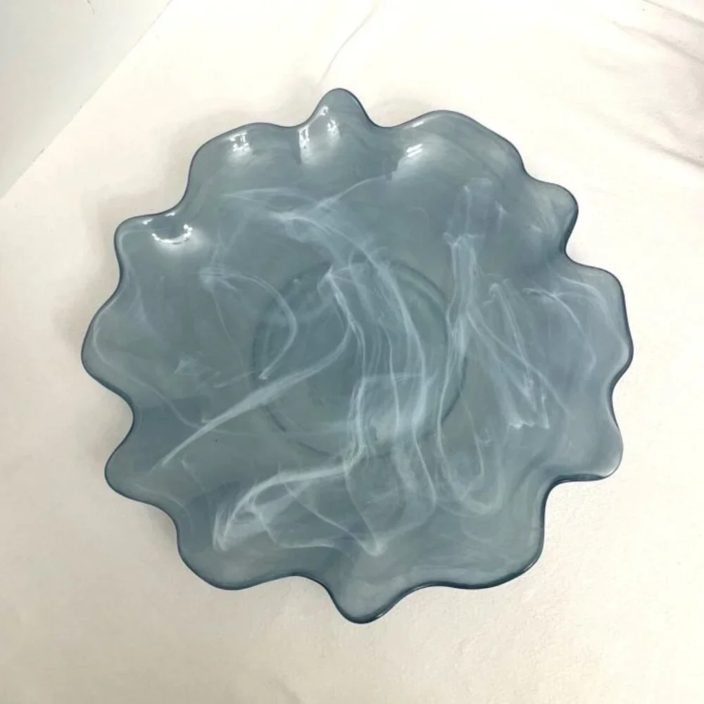 Recycled Glass Bowl & Platter Made in Spain Blue & White Swirl Organic Edge‎
